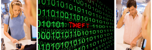 Artistic interpretation of two adults looking worried alongside a panel of computer code with the word "Theft" in the center. 