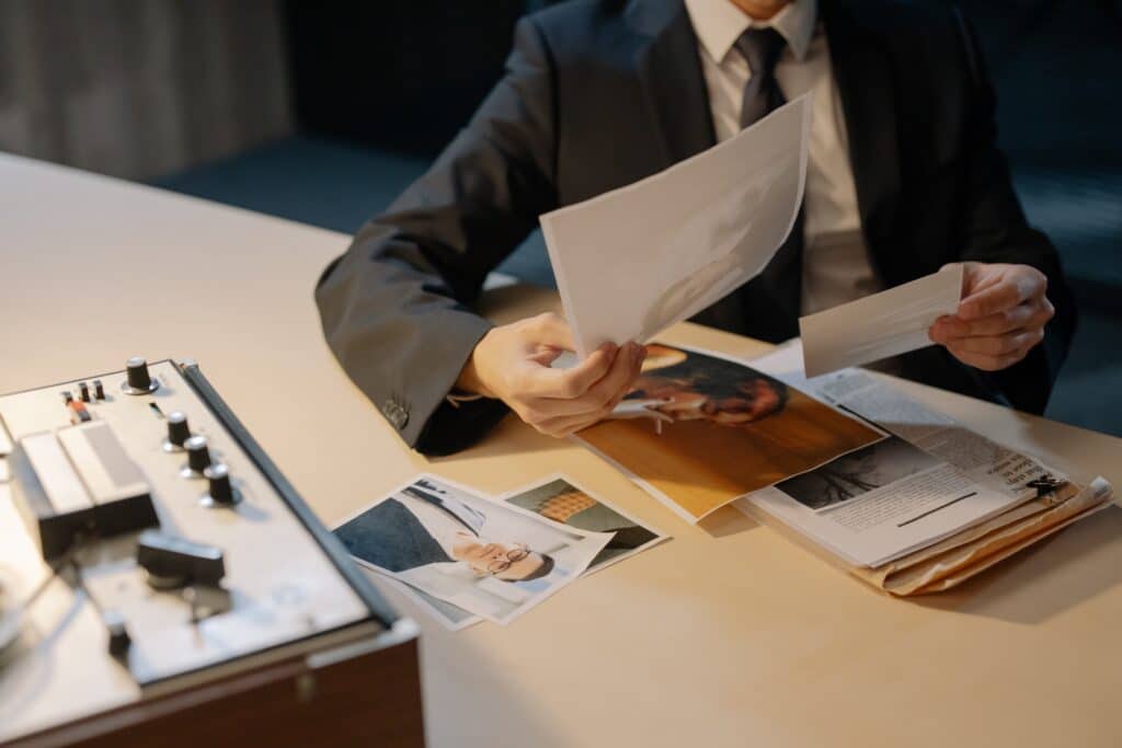 A photo of a private investigator seated at a desk, who is looking at different photos. The photo is being used by Crossroads Investigations, a private investigation firm in Florida that does Scam Investigations in Miami and other Florida cities.