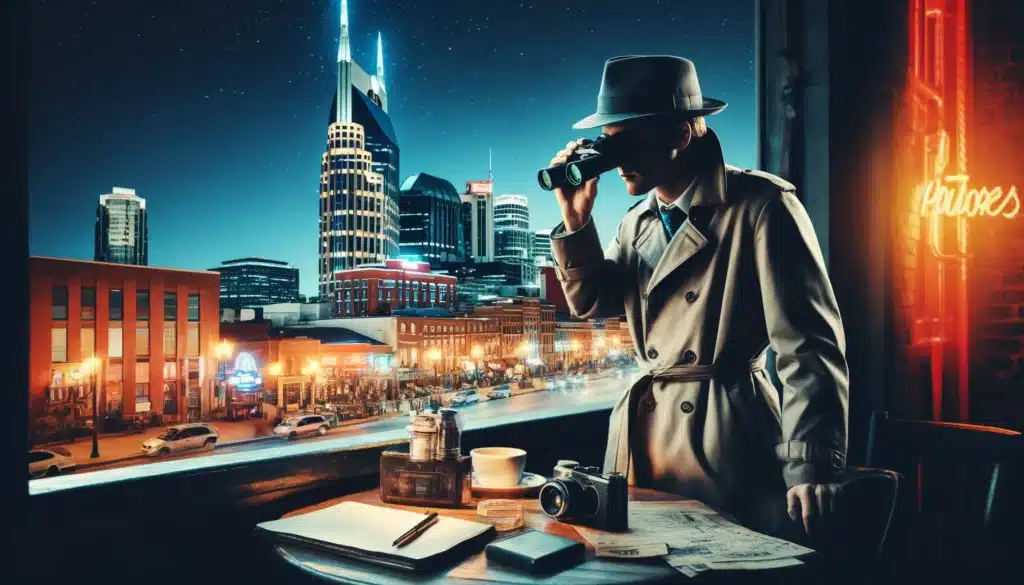 A private investigator in Nashville, Tennessee looking down at the City of Nashville with a pair of binoculars.