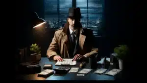A photograph of a Private Investigator seated behind a desk in a dimly lit office.