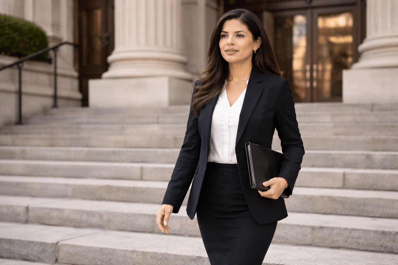 An attorney in front of a courthouse, in the process of a litigation investigation.