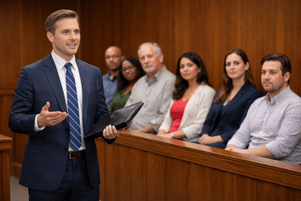 An attorney litigating a workplace investigation in a courtroom.