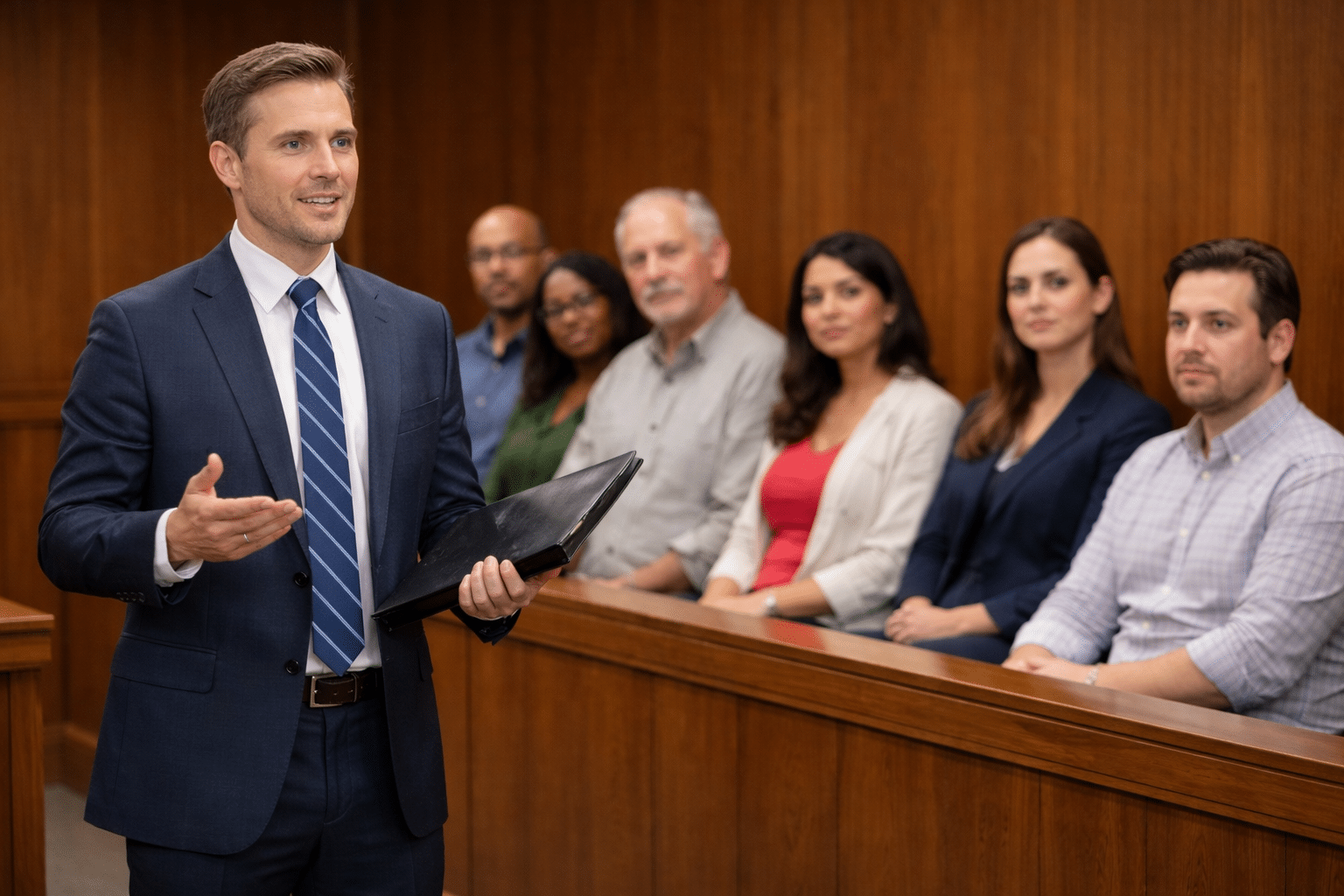 An attorney litigating a workplace investigation in a courtroom.