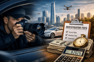 An image with a private investigator conducting surveillance, a city skyline in the background and a calculator in the foreground.
