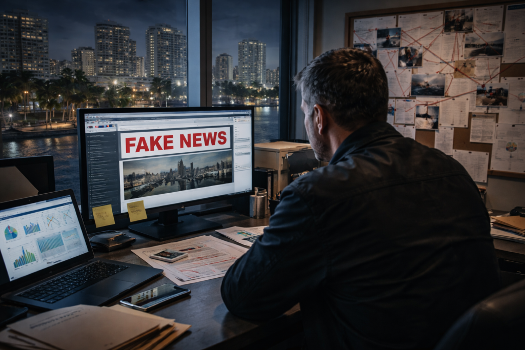 A private investigator in Fort Lauderdale staring at a computer screen with the words "Fake News"