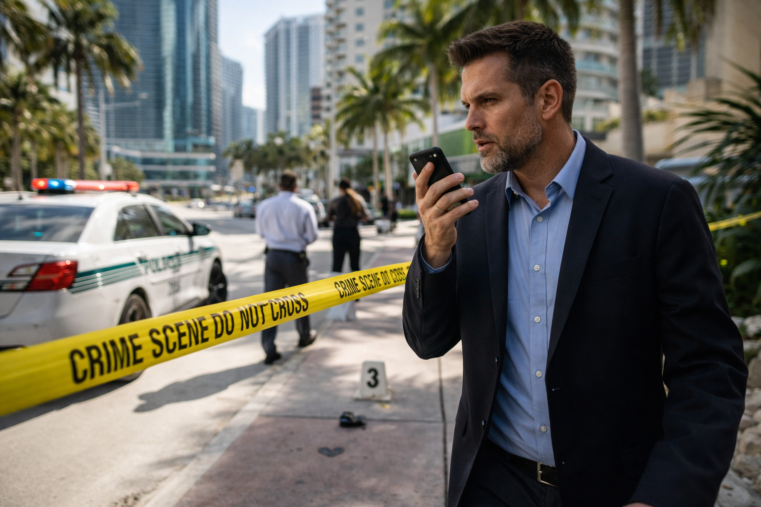 A photo of a private investigator in Miami, Florida at a crime scene.