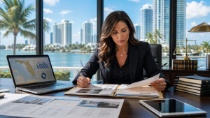 A private investigator based in South Florida, conducting an asset search in her office, with a view of the Miami, Florida skyline in the background.