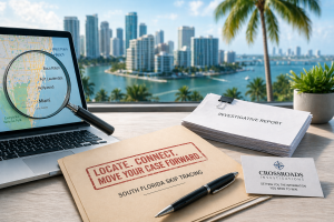 An image that features the office of a private investigator with a view of the Miami, Florida skyline. The private investigator offers skip tracing services for law firms.