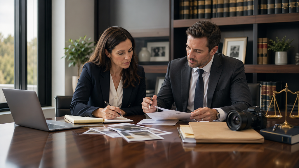 A private investigator meeting with a family law client and discussing surveillance options.