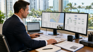 A private investigator conducting an asset search at a South Florida private investigation agency.