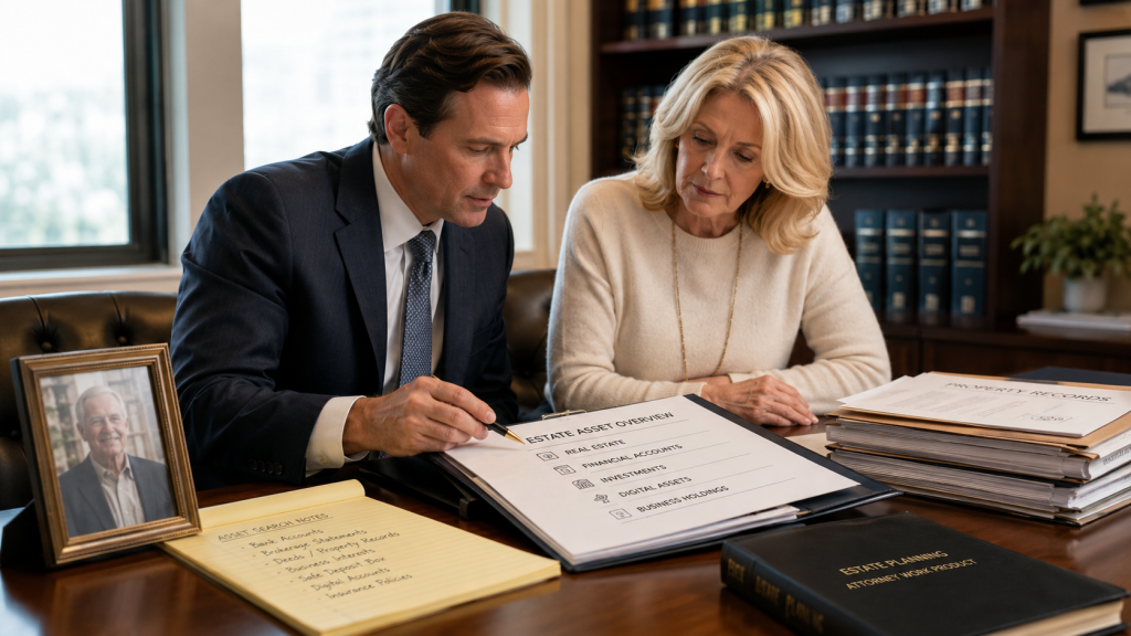 An attorney meeting with a client to discuss a probate / estate dispute and asset searches.